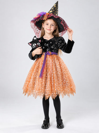 Children's witch costume with hat on-model view