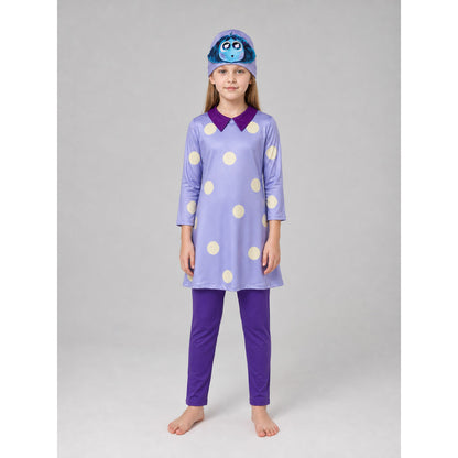 A bright costume set in the style of the character from Inside Out 2 is designed for a themed look and an eye-catching transformation. The set includes a long-sleeve tunic dress, matching leggings, and a headpiece with the character’s face 