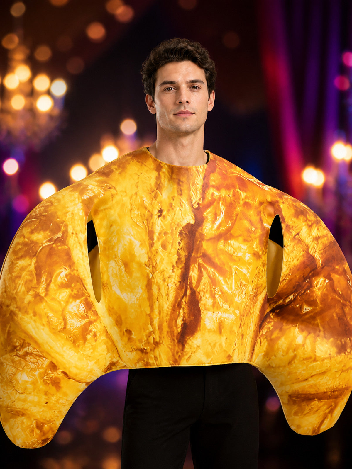 Adult Croissant Jumpsuit Costume, Funny Food Character Outfit for Halloween on-model view