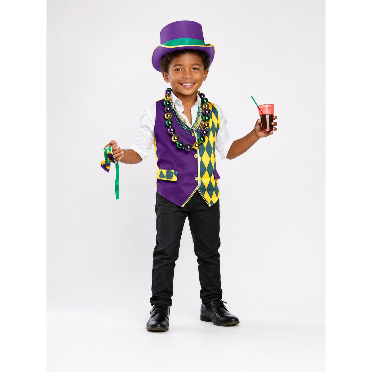 Children's Carnival Costume Plaid Vest and Hat on-model view