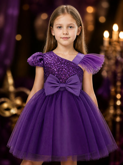 Toddler Girls' Purple Sequined Princess Dress, One-Shoulder Tulle Gown With Bow on-model view