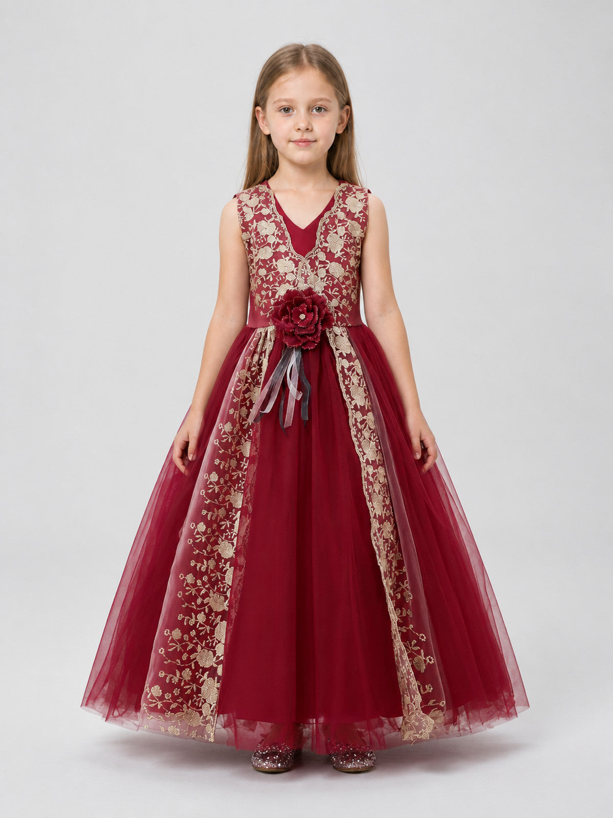 Princess Dress with Gold Embroidery, Full-Skirted Maxi on-model view