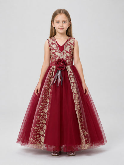Princess Dress with Gold Embroidery, Full-Skirted Maxi on-model view