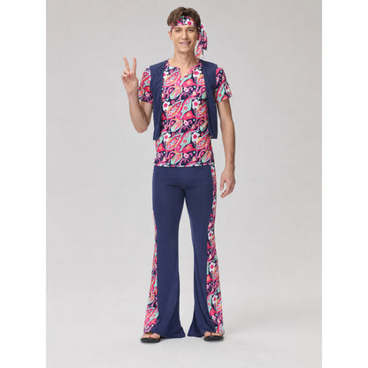 Retro disco costume with shirt, pants, and bandana on-model view