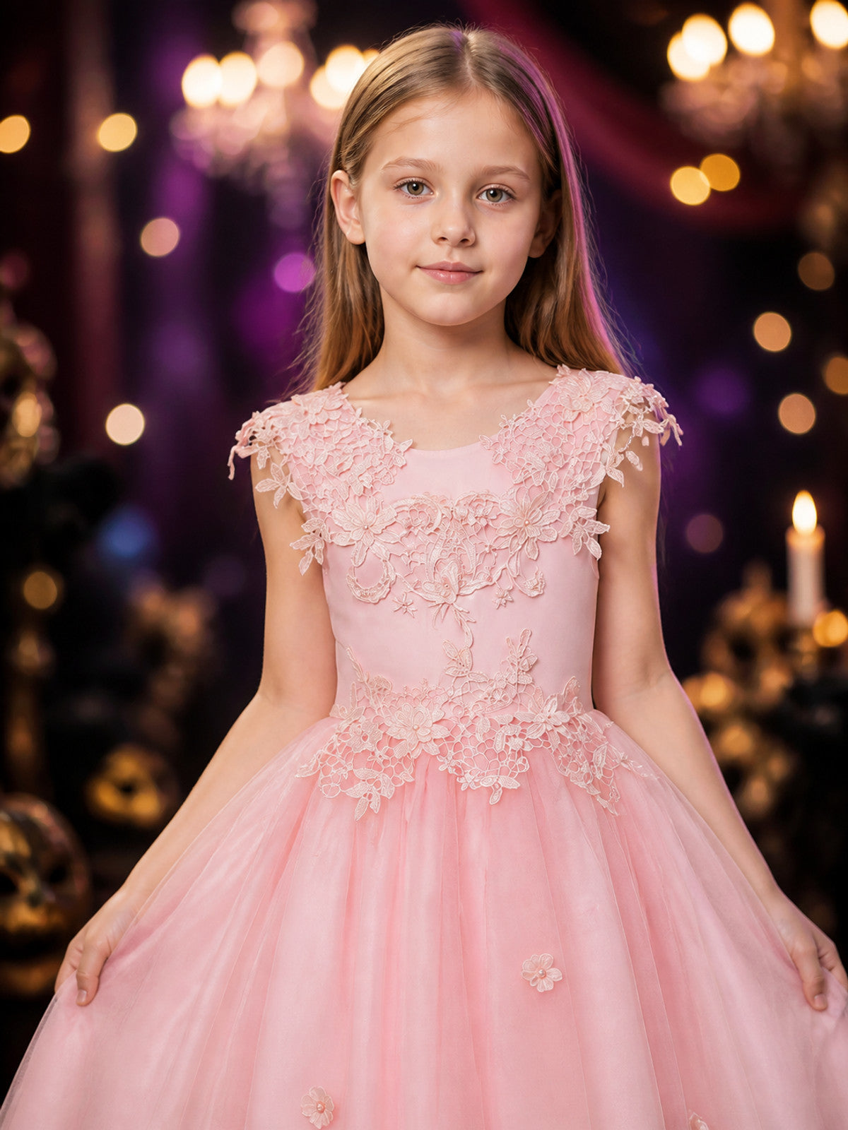 Girls' Pink Flower Girl Princess Dress With Floral Lace and Puffy Skirt on-model view