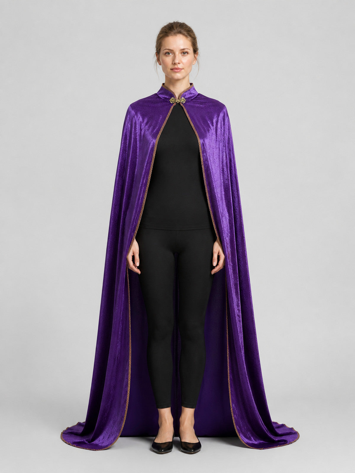 Long Purple Cape with Gold Trim on-model view