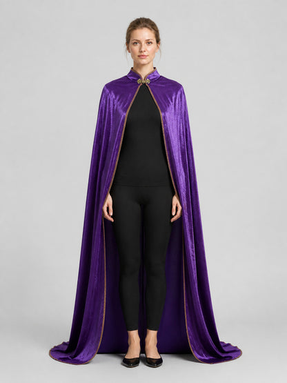 Long Purple Cape with Gold Trim on-model view