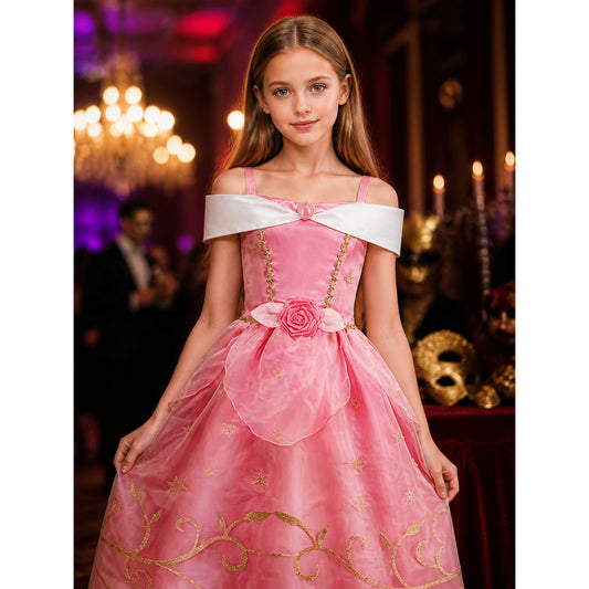 Girls' Princess Dress Costume, White Collar & Gold Trim, Pink Tutu Dress on-model view
