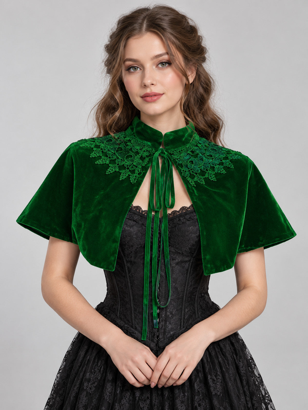 Green Velvet Capelet with Lace and High Collar