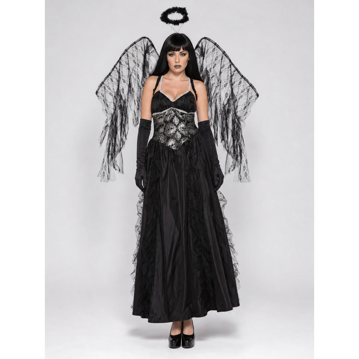 Gothic Angel Halloween Costume with Wings on-model view