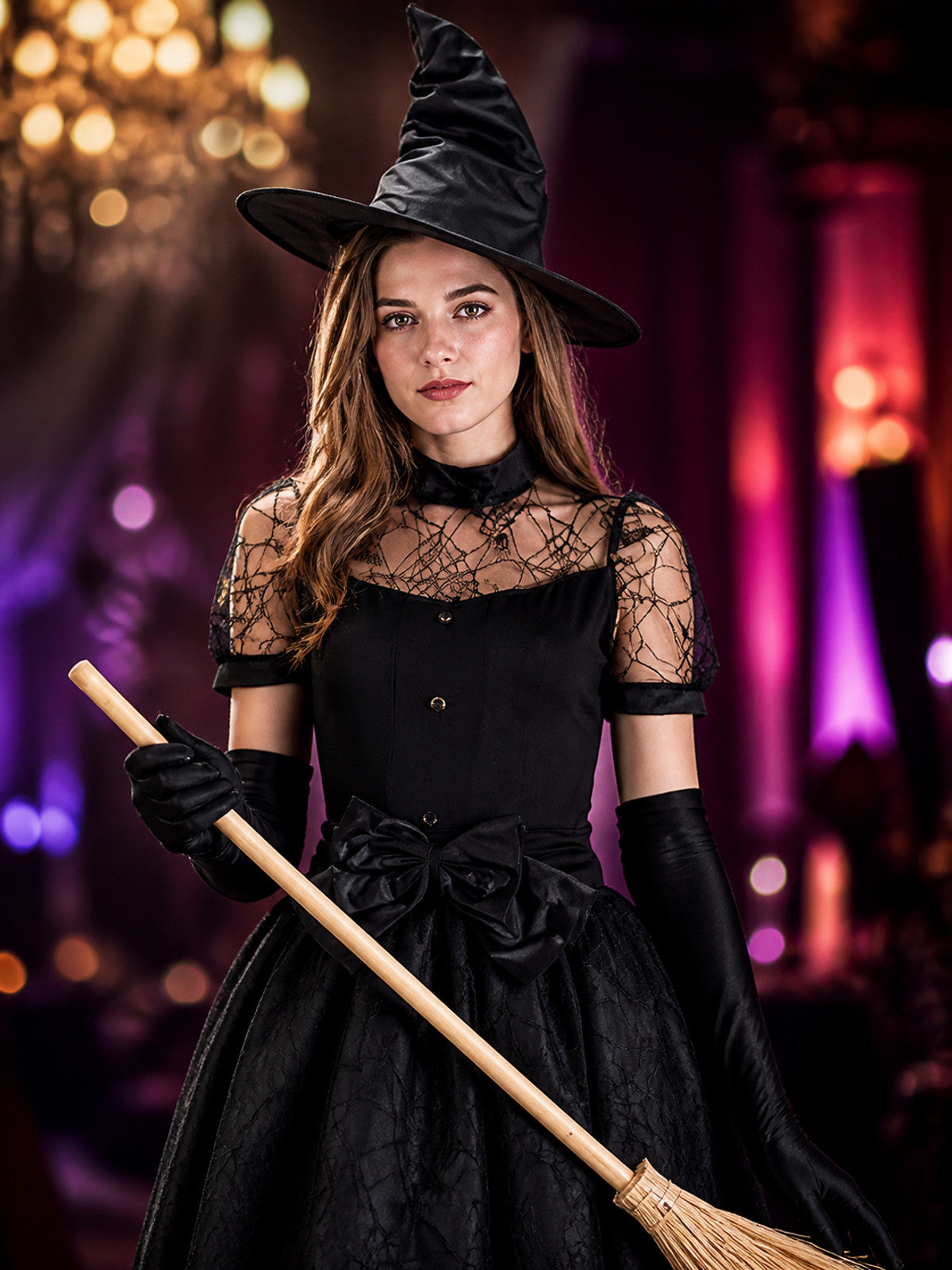 Women's Witch Costume with Hat and Gloves on-model view