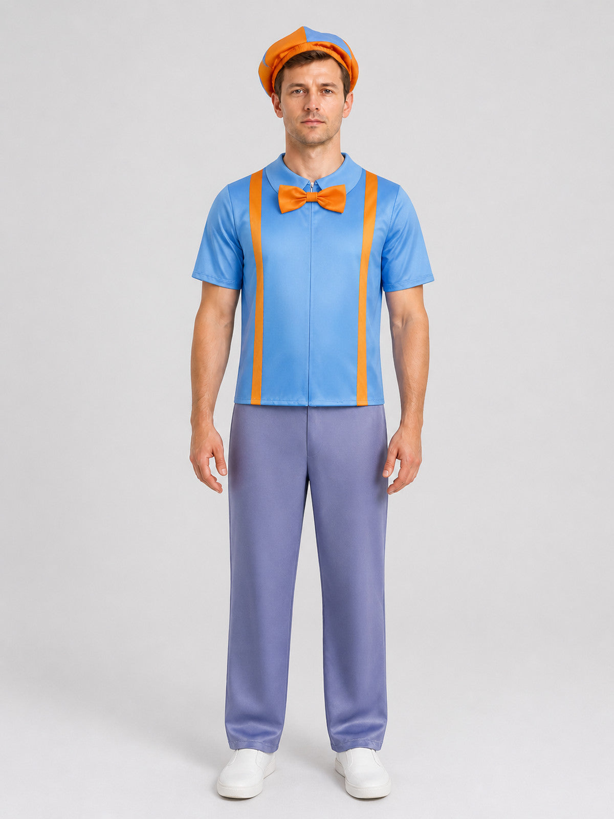 Blippi Cosplay Costume: Shirt, Pants, and Hat on-model view