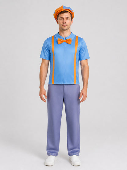 Blippi Cosplay Costume: Shirt, Pants, and Hat on-model view