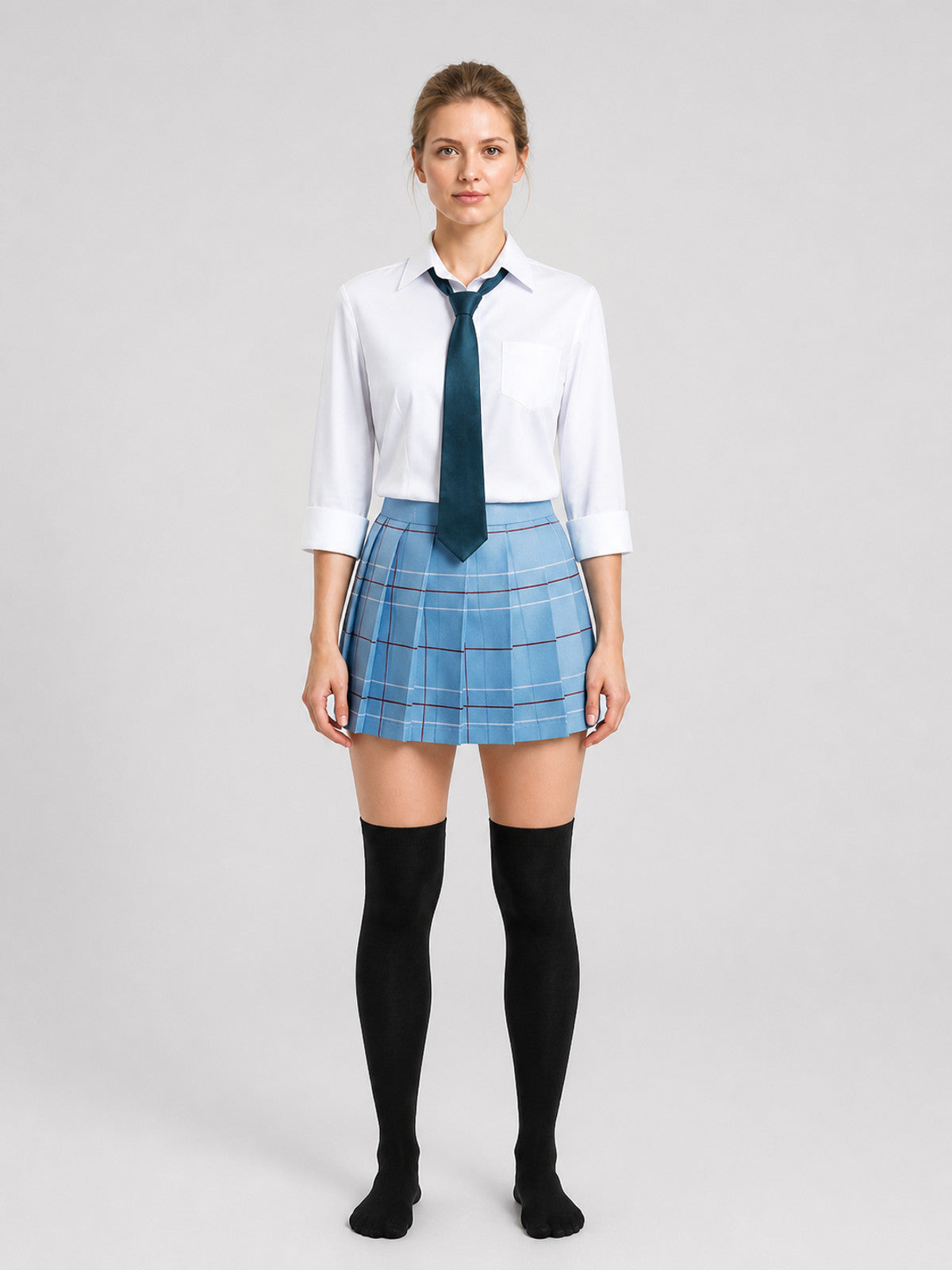 School Uniform: Shirt, Tie, Pleated Skirt, and Knee-High Socks on-model view