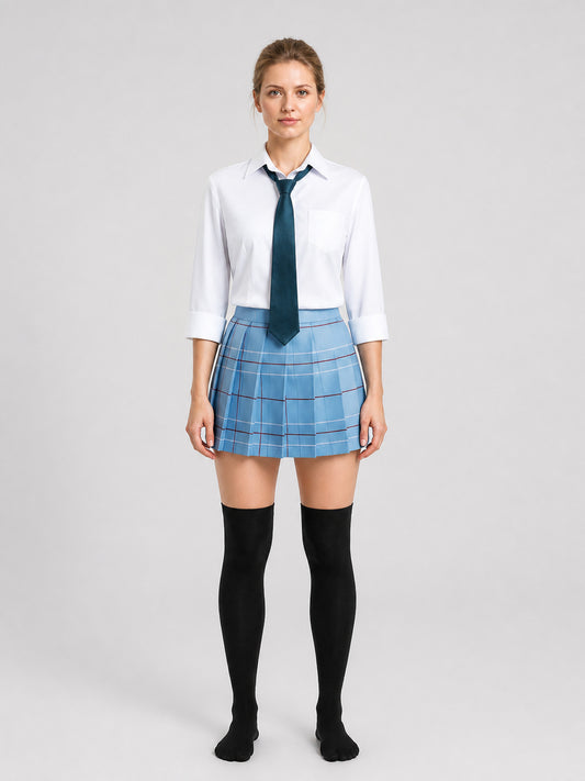 School Uniform: Shirt, Tie, Pleated Skirt, and Knee-High Socks on-model view