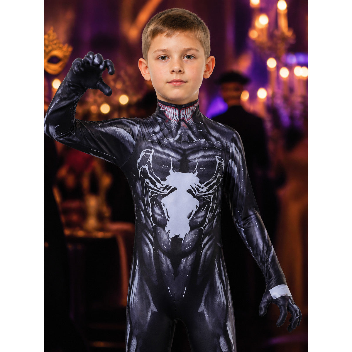 Kids Black Panther Full-Body Hooded Jumpsuit Costume, Black and White Halloween on-model view