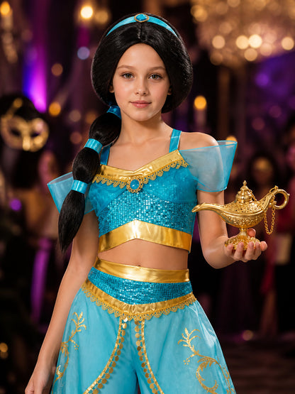 Kids Arabian Princess Sequin Costume Set with Wig, Headpiece and Lamp Prop on-model view