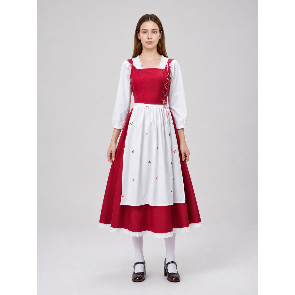 Dress with Apron and Cherry Print, Long Sleeves on-model view