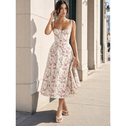 Summer midi dress with thin straps and floral print