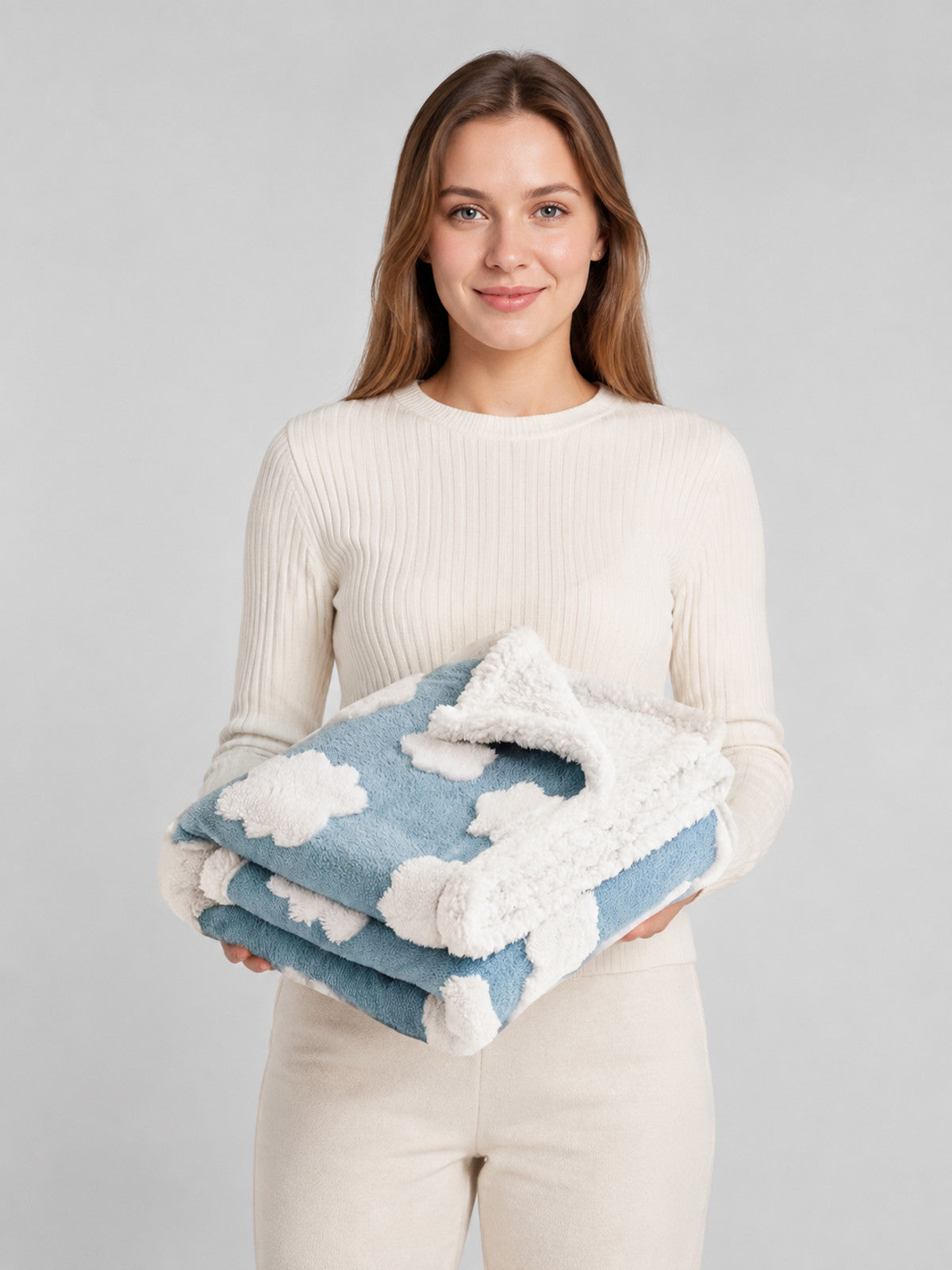 Pet Blanket with White Clouds on-model view