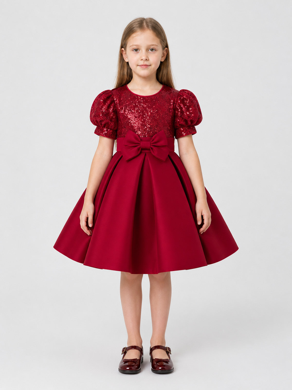 Party Dress with Sequins, a Full Skirt, and a Bow on-model view