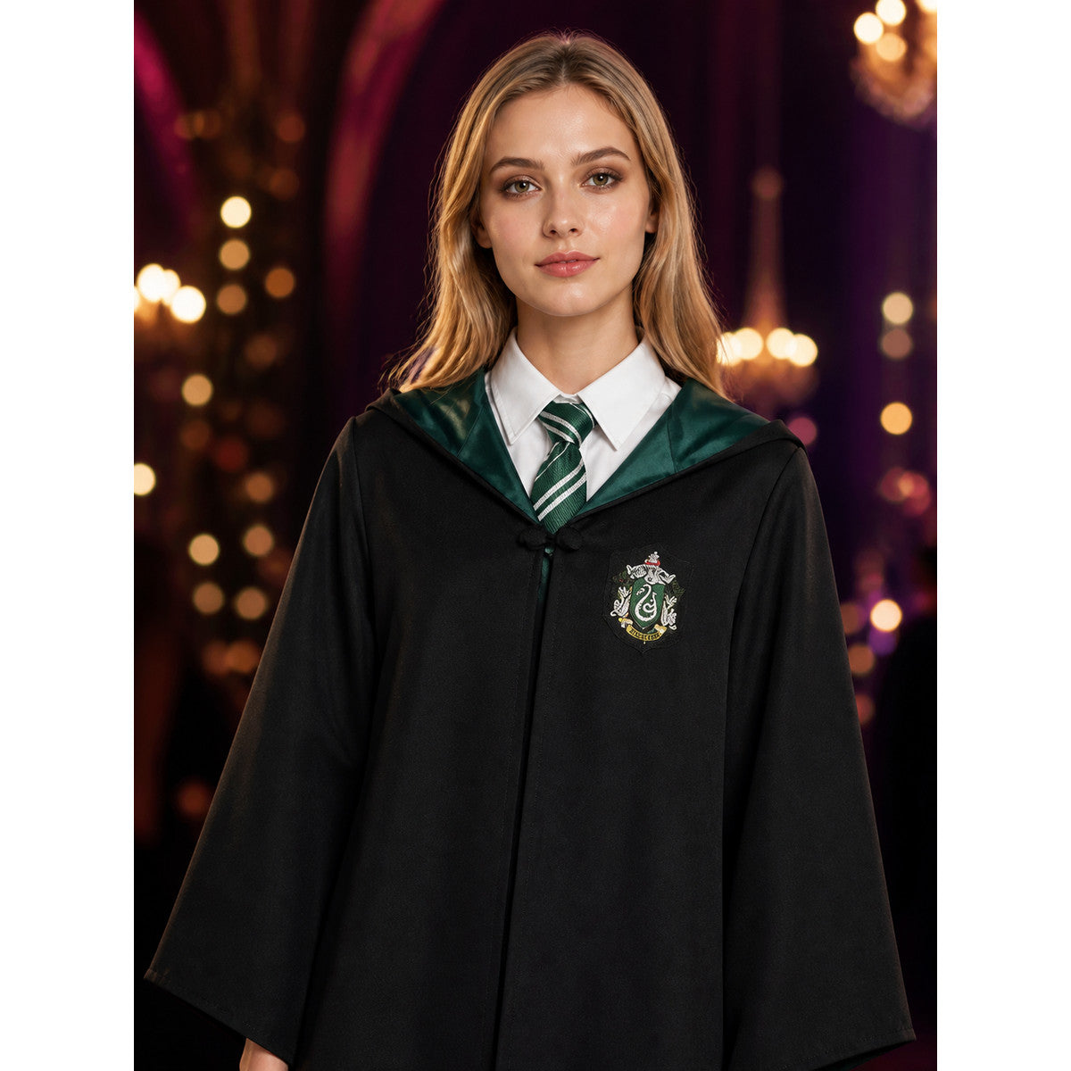 Men Women Kids Black Hooded Wizard Robe Costume Set With Dark Green & White on-model view