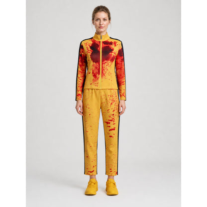 Yellow cosplay tracksuit with blood print on-model view