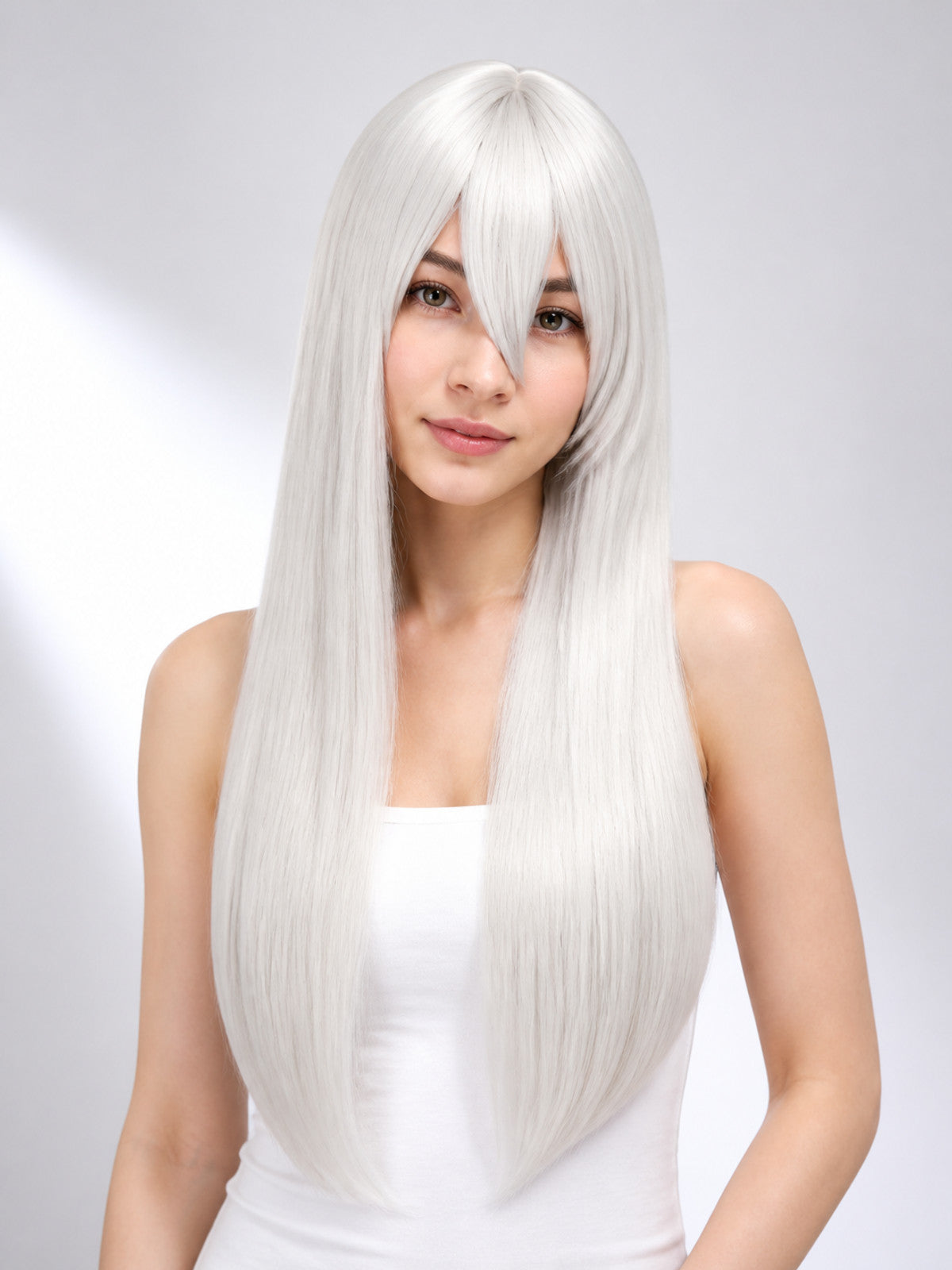 Long Straight White Carnival Wig with Side-Swept Bangs main product view