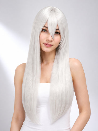 Long Straight White Carnival Wig with Side-Swept Bangs main product view