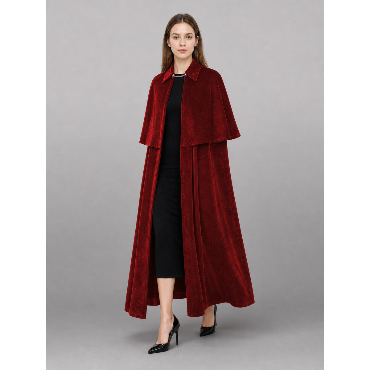 Burgundy Vampire Carnival Cloak with High Collar front view