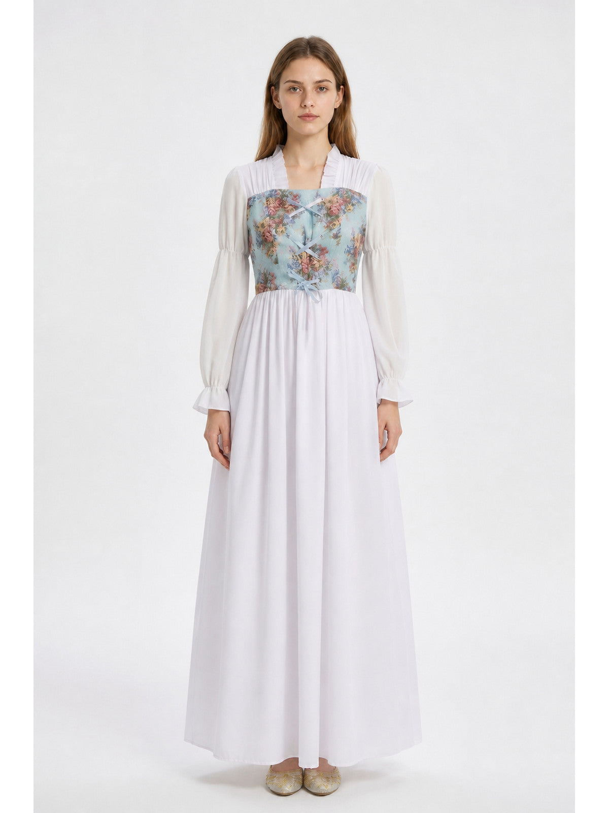 Long Retro Dress with Floral Print and Corset main product view