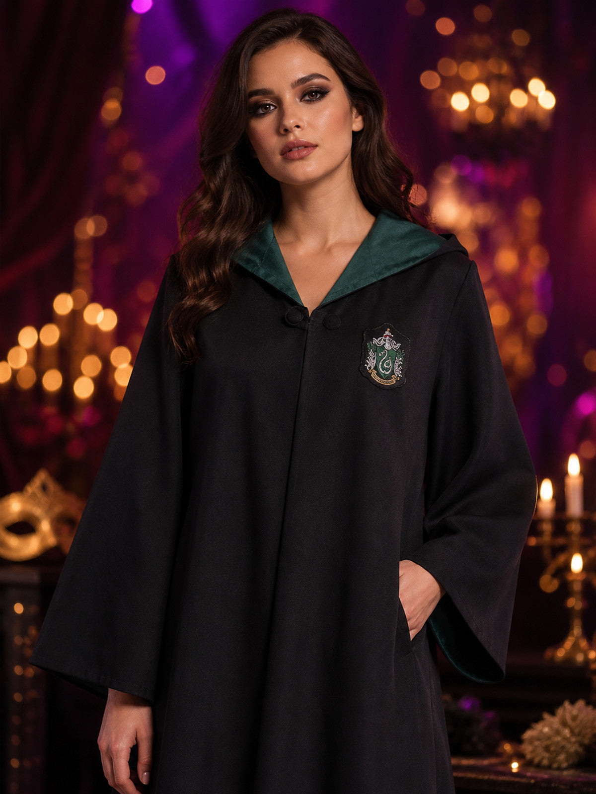 Slytherin Wizard Costume Set, Hooded Cloak with Scarf, Tie, Hat, Glasses & Wand on-model view
