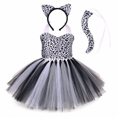 Baby Girls Halloween Animal Cosplay Costume Kids Forest Theme Giraffe Cows Tiger Leopard Zebra Print Tutu Dress Birthday Party - Color:4