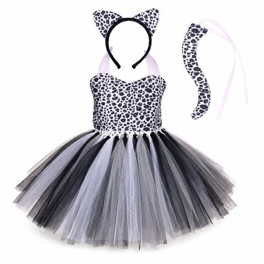 Baby Girls Halloween Animal Cosplay Costume Kids Forest Theme Giraffe Cows Tiger Leopard Zebra Print Tutu Dress Birthday Party - Color:4