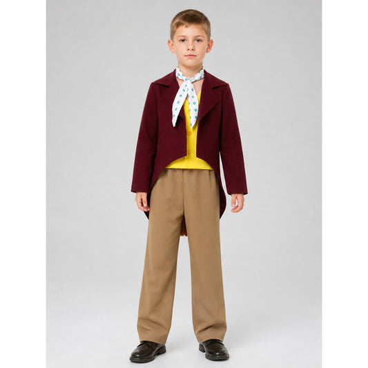 A bright fox cub costume designed in the style of a fairy-tale character helps create a striking look for dress-up, themed parties, or performances. The set includes a burgundy jacket with long pointed tails, a yellow shirt or decorative fr