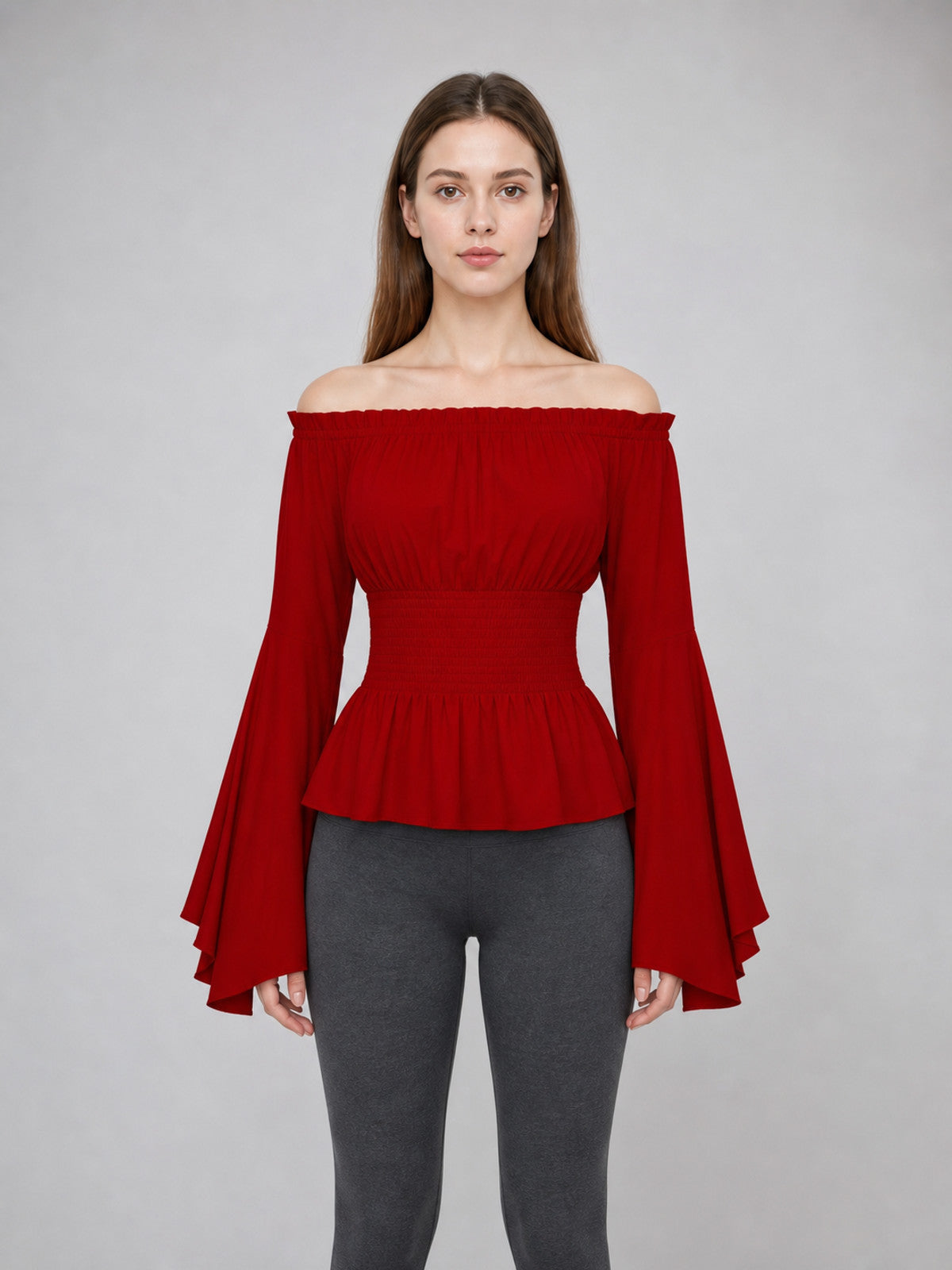 Long-Sleeve Peplum Blouse, Deep Red front view