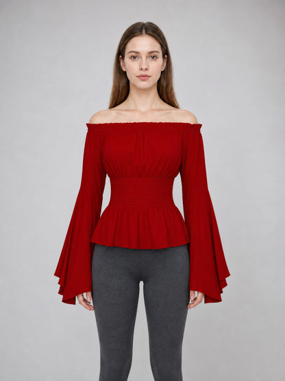 Long-Sleeve Peplum Blouse, Deep Red front view