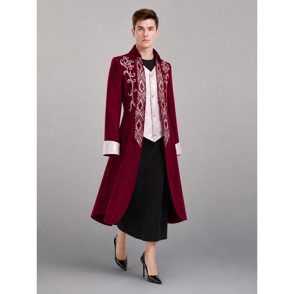Burgundy Tailcoat Jacket with White Trim front view