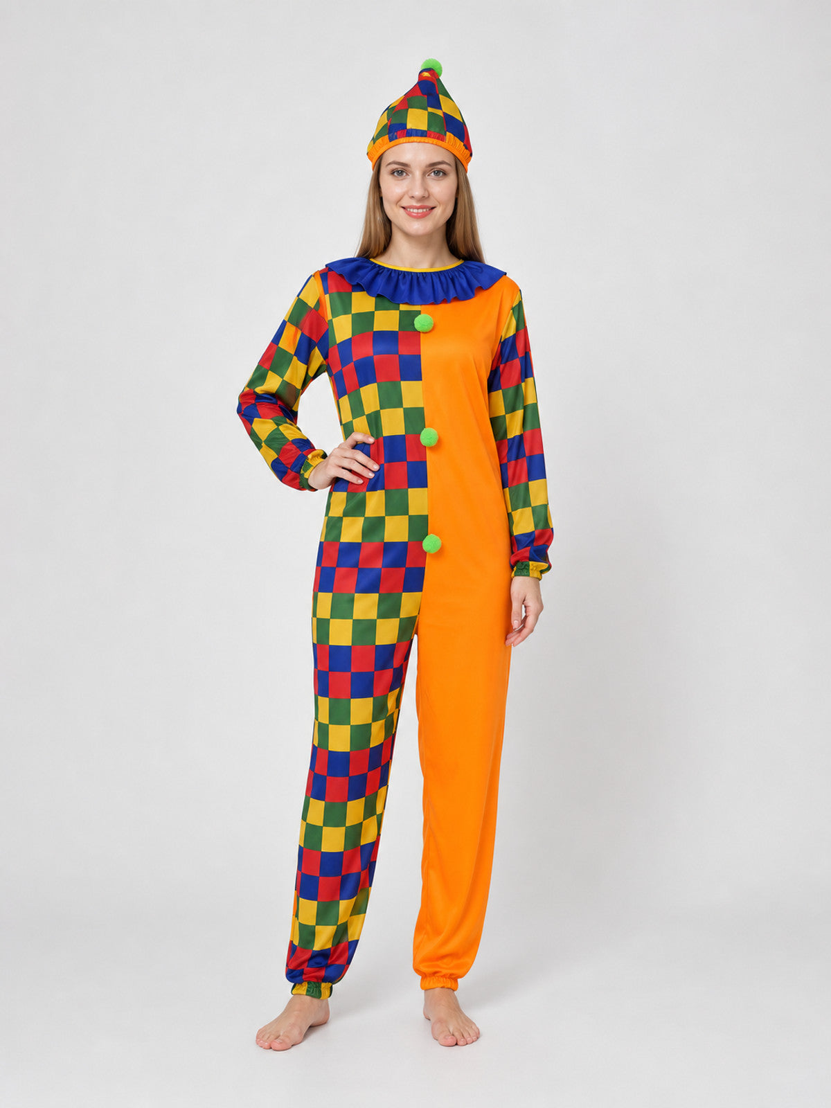 Clown Costume Jumpsuit with Hat for Parties on-model view