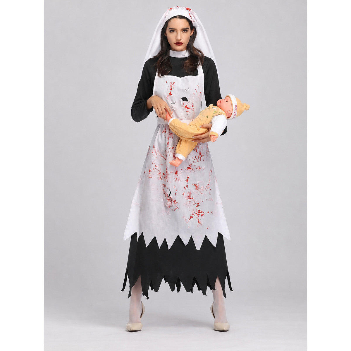 Halloween Costume: Black-and-White Robe with Bloody Pattern