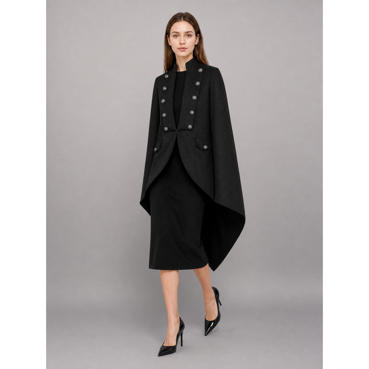 Black carnival tailcoat with a high collar front view
