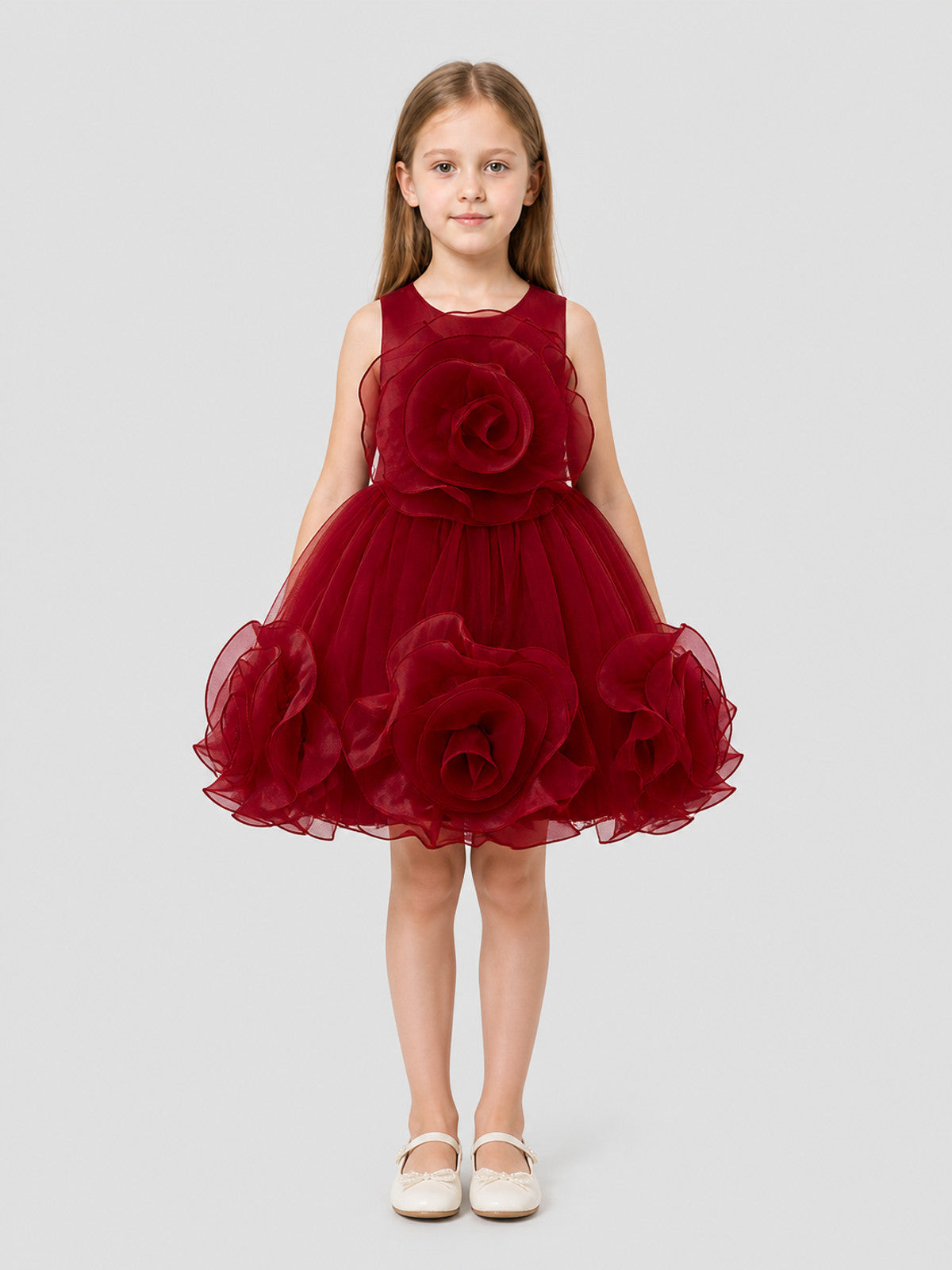Burgundy Puffed Dress with a Layered Skirt and 3D Flowers on-model view