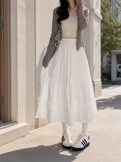 White Long A-Line Skirt with Tiered Ruffles main product view