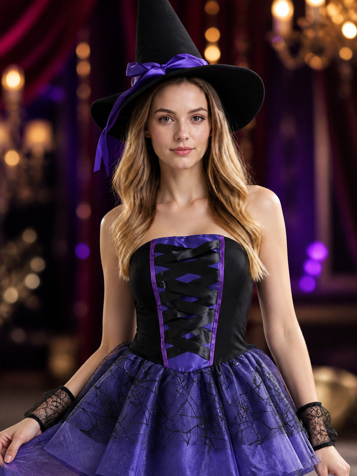 Women's Sexy Witch Costume Set with Hat and Lace Gloves, Black and Purple on-model view
