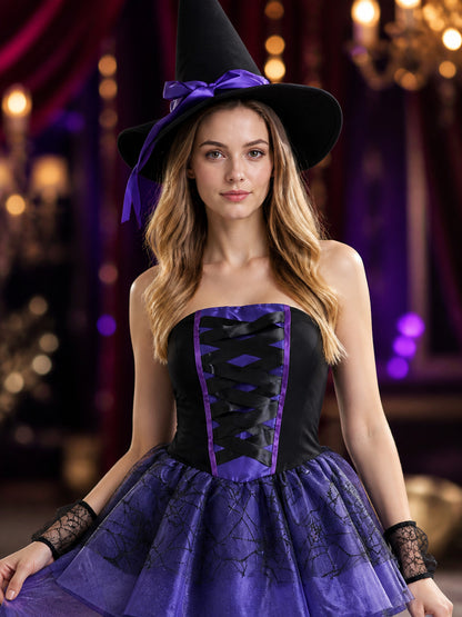 Women's Sexy Witch Costume Set with Hat and Lace Gloves, Black and Purple on-model view