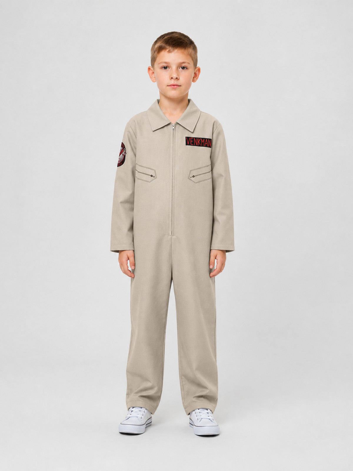 Venkman Cosplay Jumpsuit with Patches and Zipper on-model view
