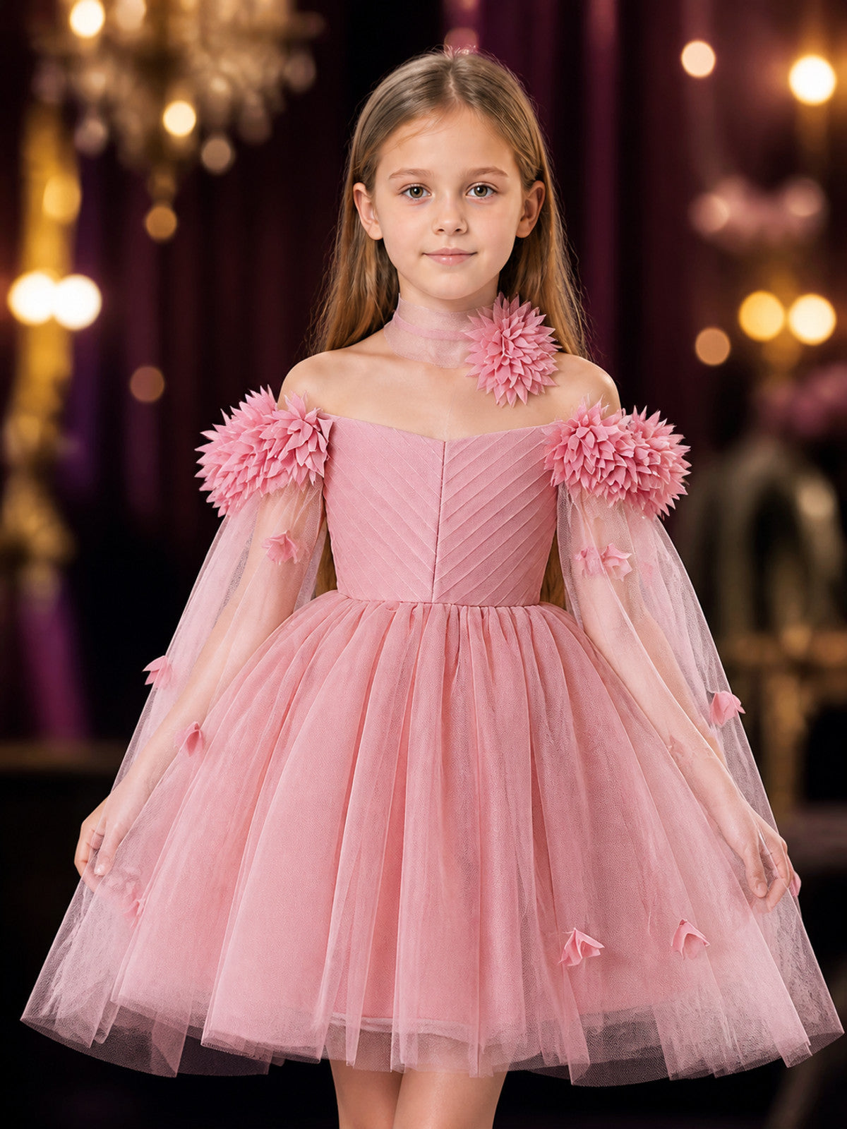 Baby Girls' Pink Princess Dress, Long-Sleeve Tulle Gown With 3D Floral on-model view