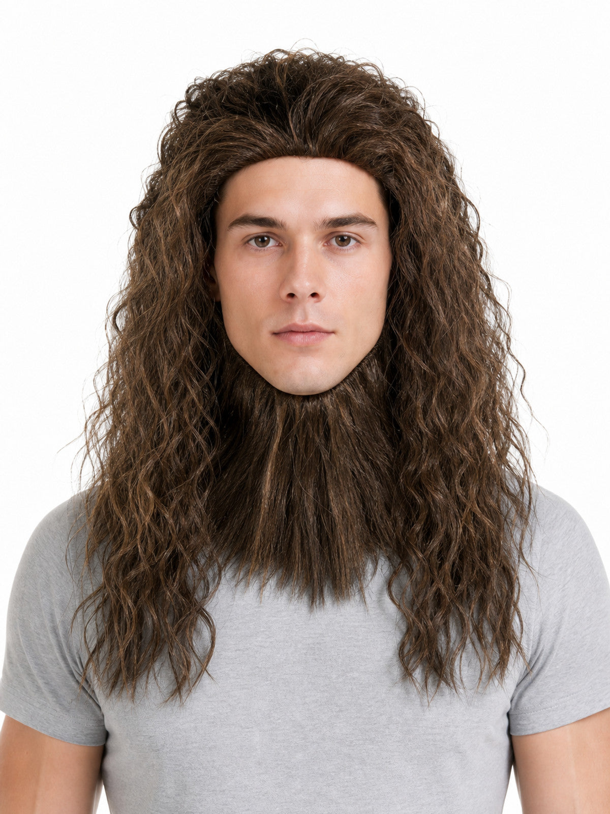 Long brown curly hair and beard accessory shown on a front-facing man wearing a gray T-shirt