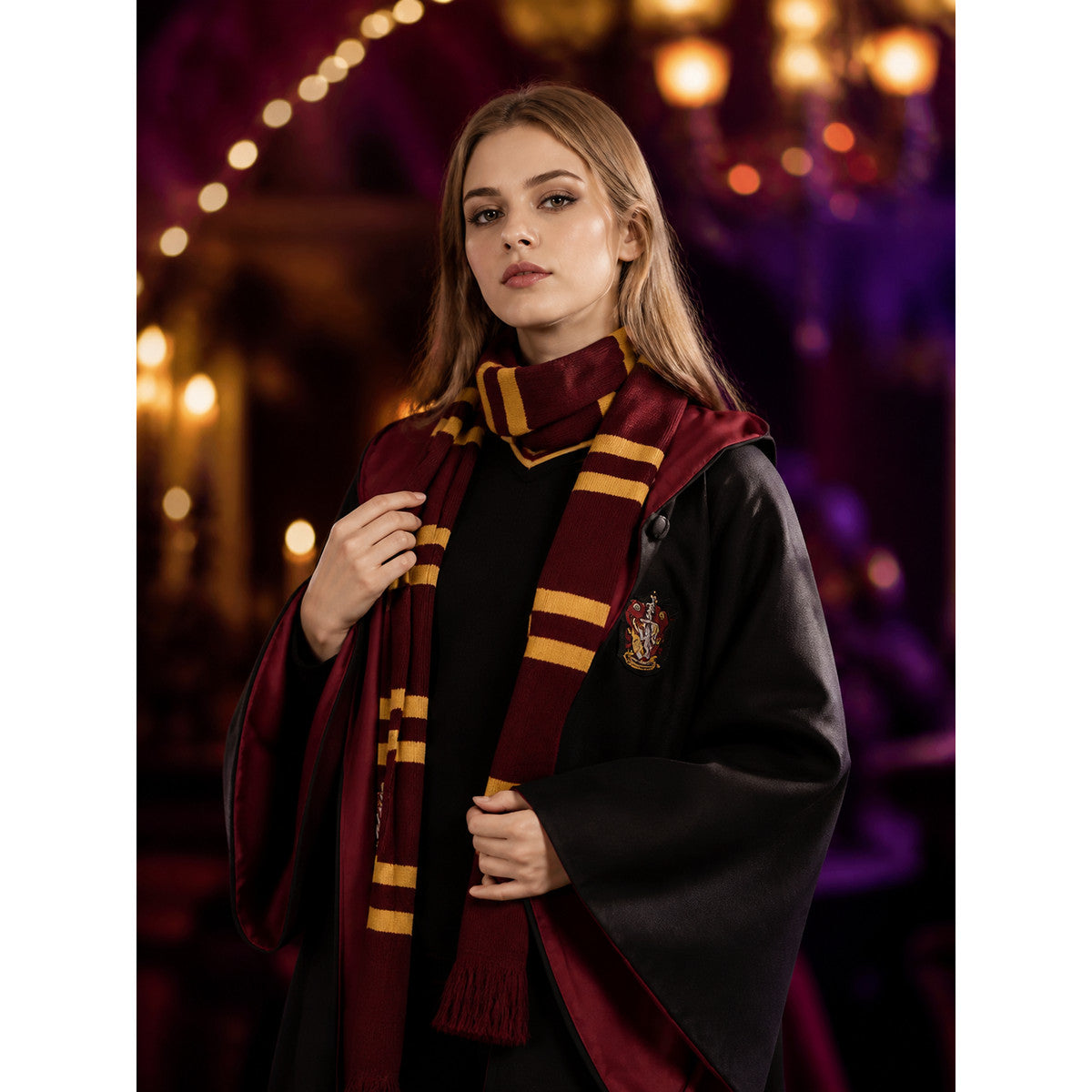 Halloween Wizard Robe Costume Set with Red and Gold Striped Scarf, Black Cloak on-model view
