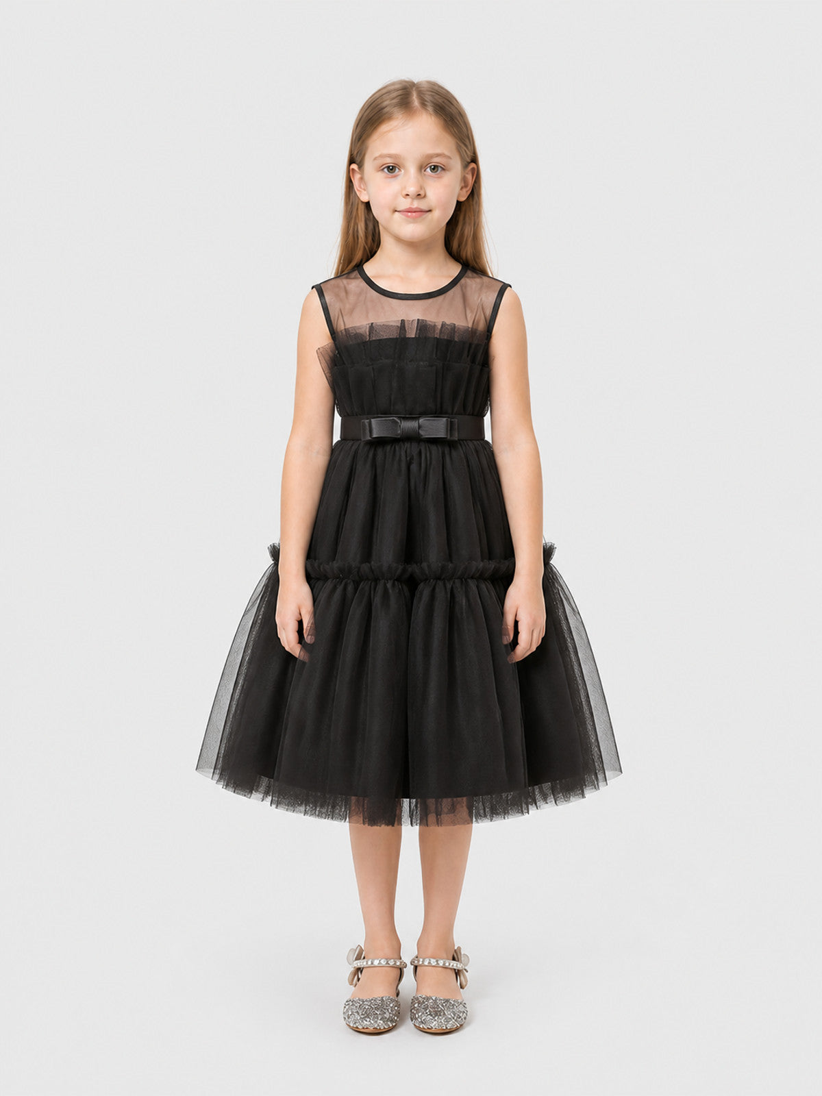 Black Princess Dress for Girls with a Full Skirt on-model view